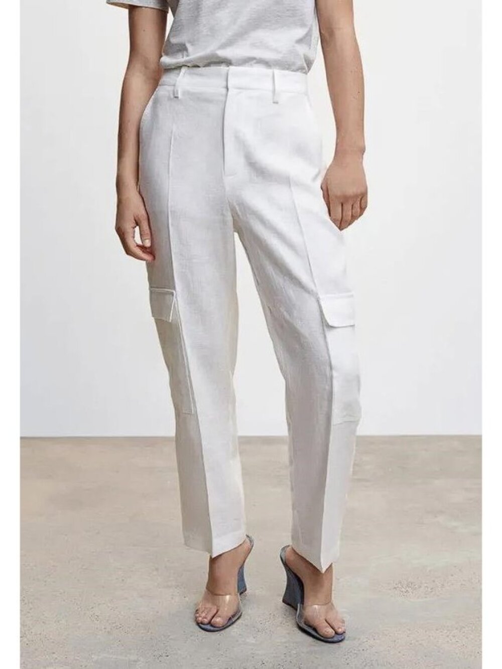 MANGO Women's Linen White Cargo Pants Size 8